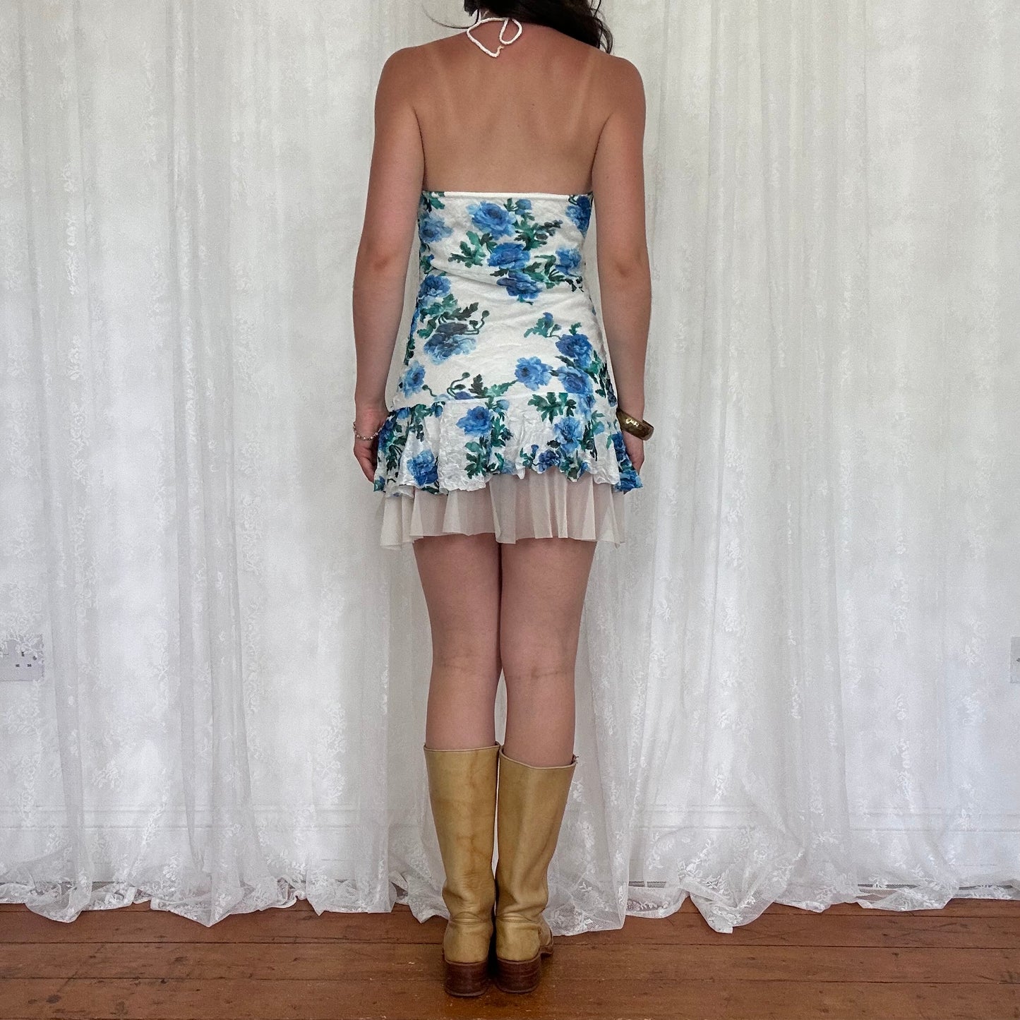 vintage 00s white and blue floral halter neck mini dress