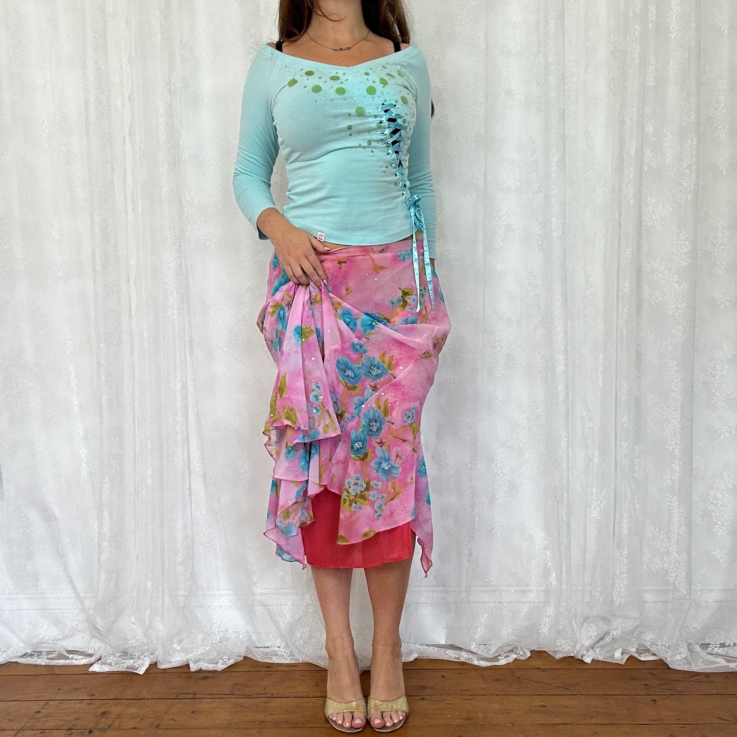 vintage 00s pink floral sequin mesh midi skirt