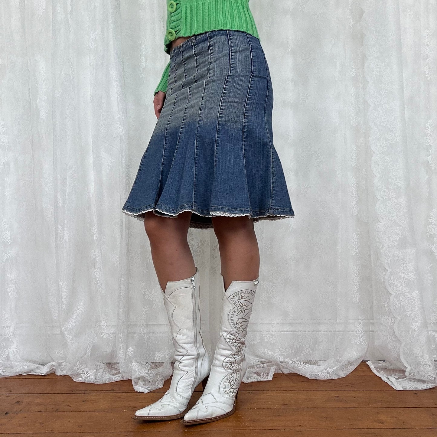 vintage 00s denim panel midi skirt with broderie trim