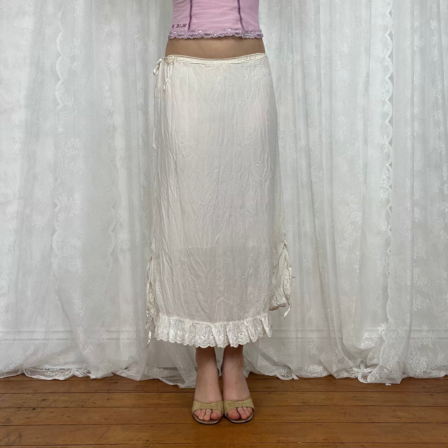 vintage 00s cream tie up maxi skirt with broderie trim