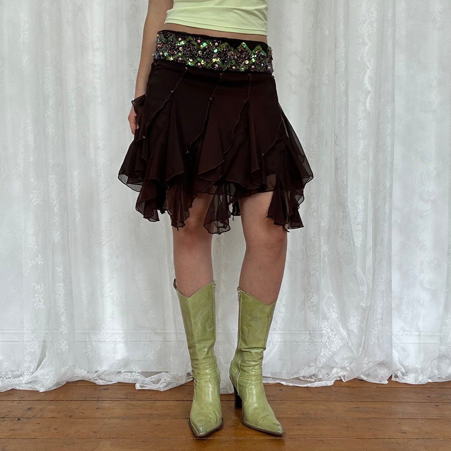 vintage 00s brown sequin frill mesh midi skirt