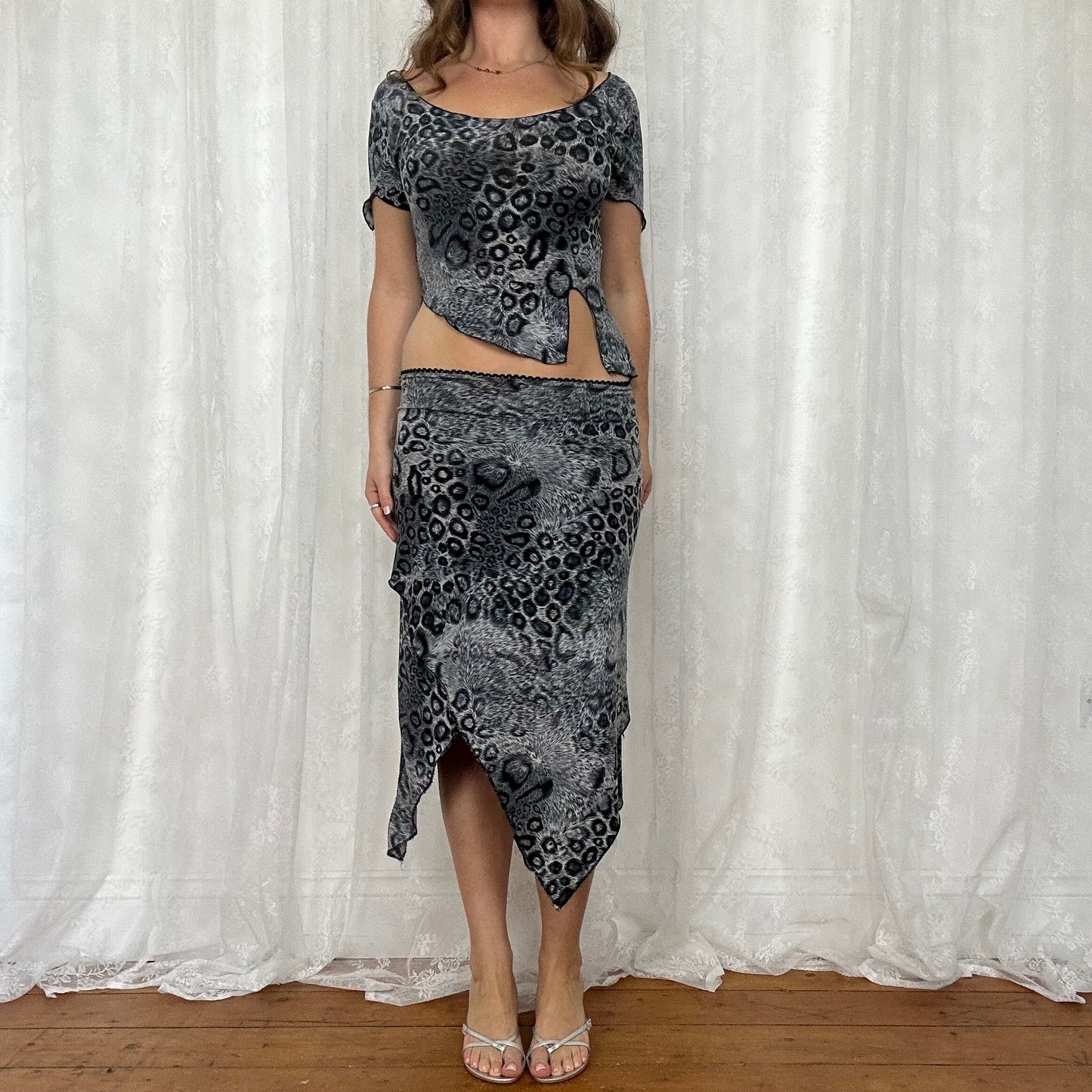 vintage 00s grey animal print asymmetrical top and skirt co ord