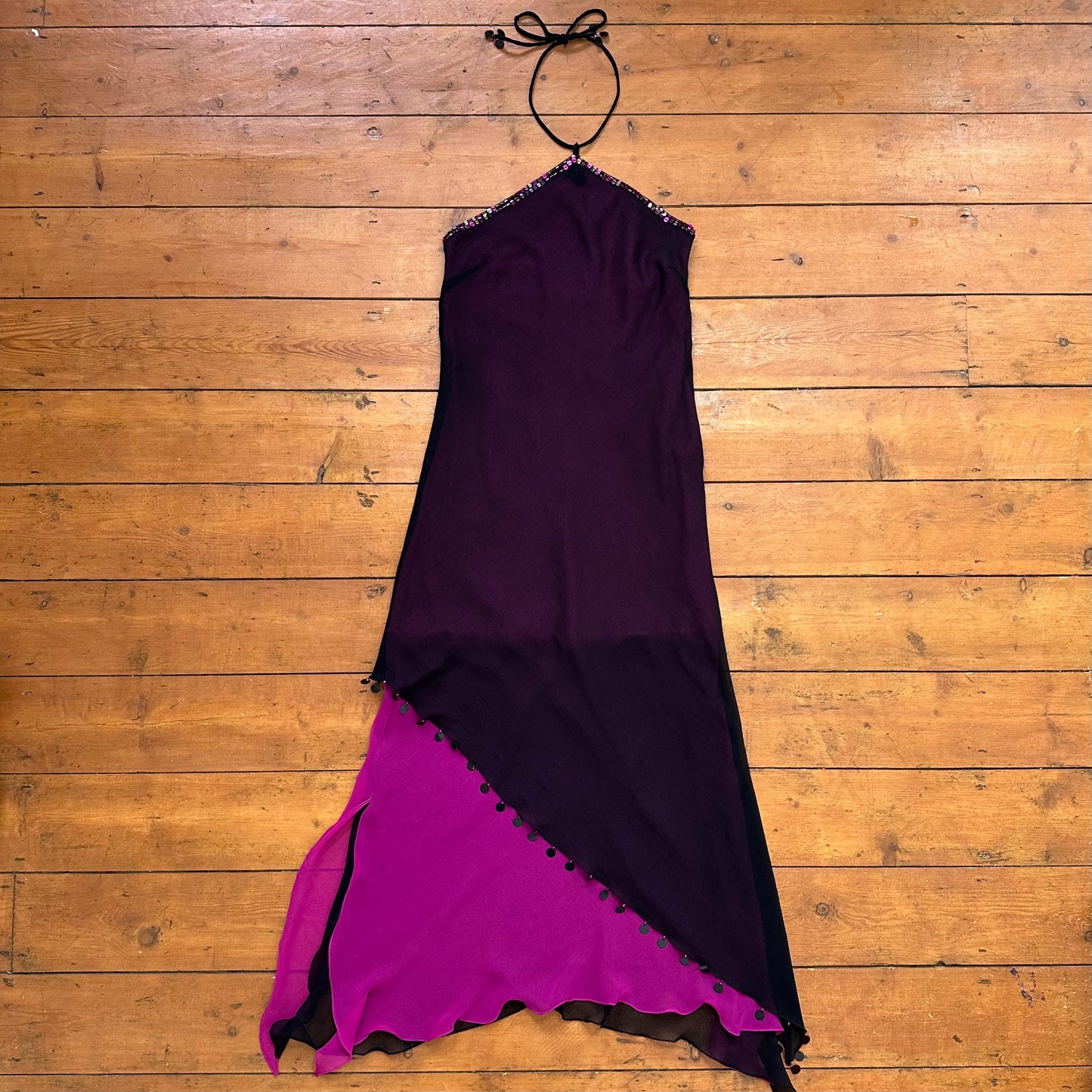 vintage 00s rene derhy pink and black sequin mesh midi dress