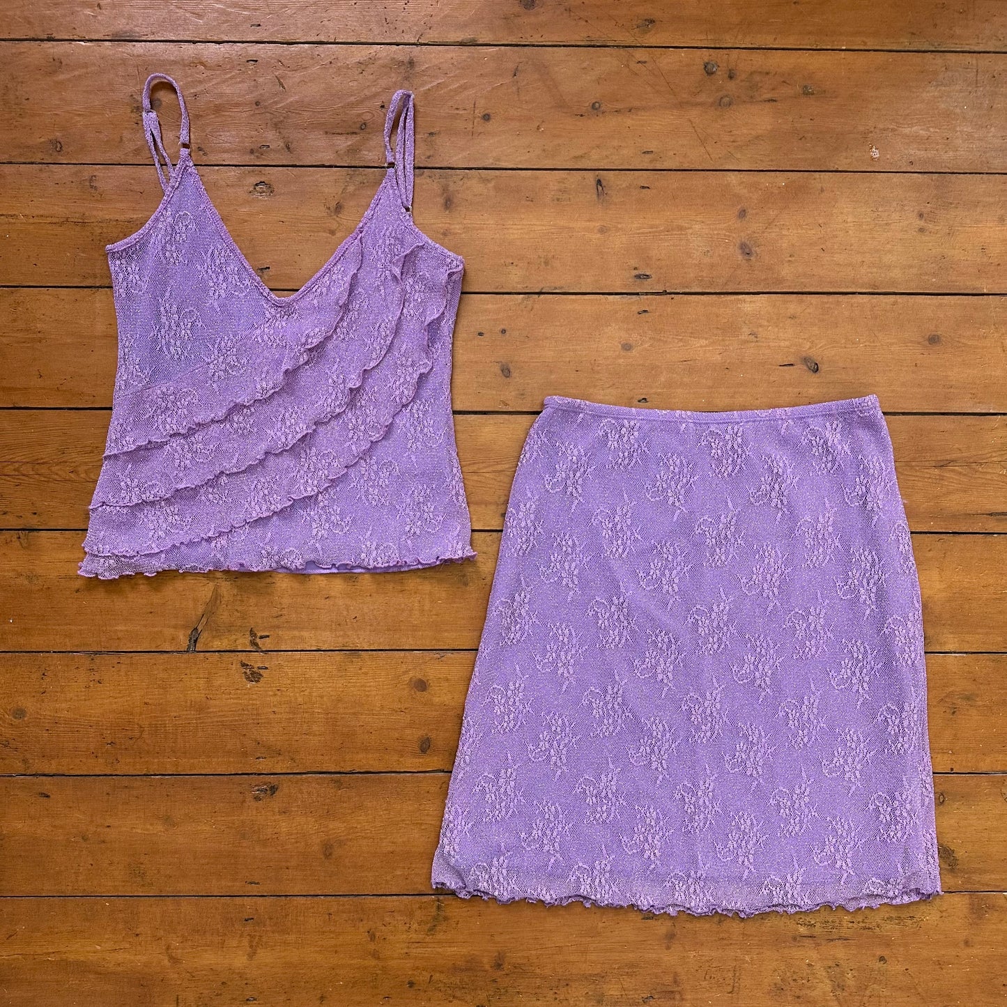 vintage 00s lilac lace patterned mesh cami and skirt co ord