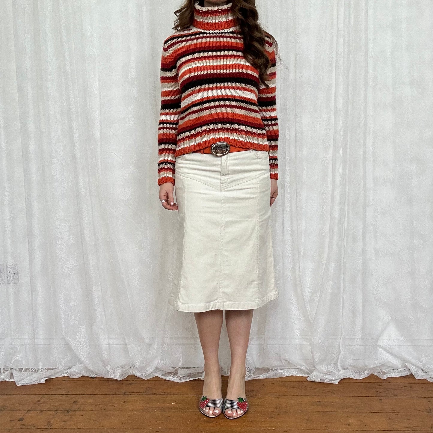 vintage 00s orange chunky striped turtleneck jumper