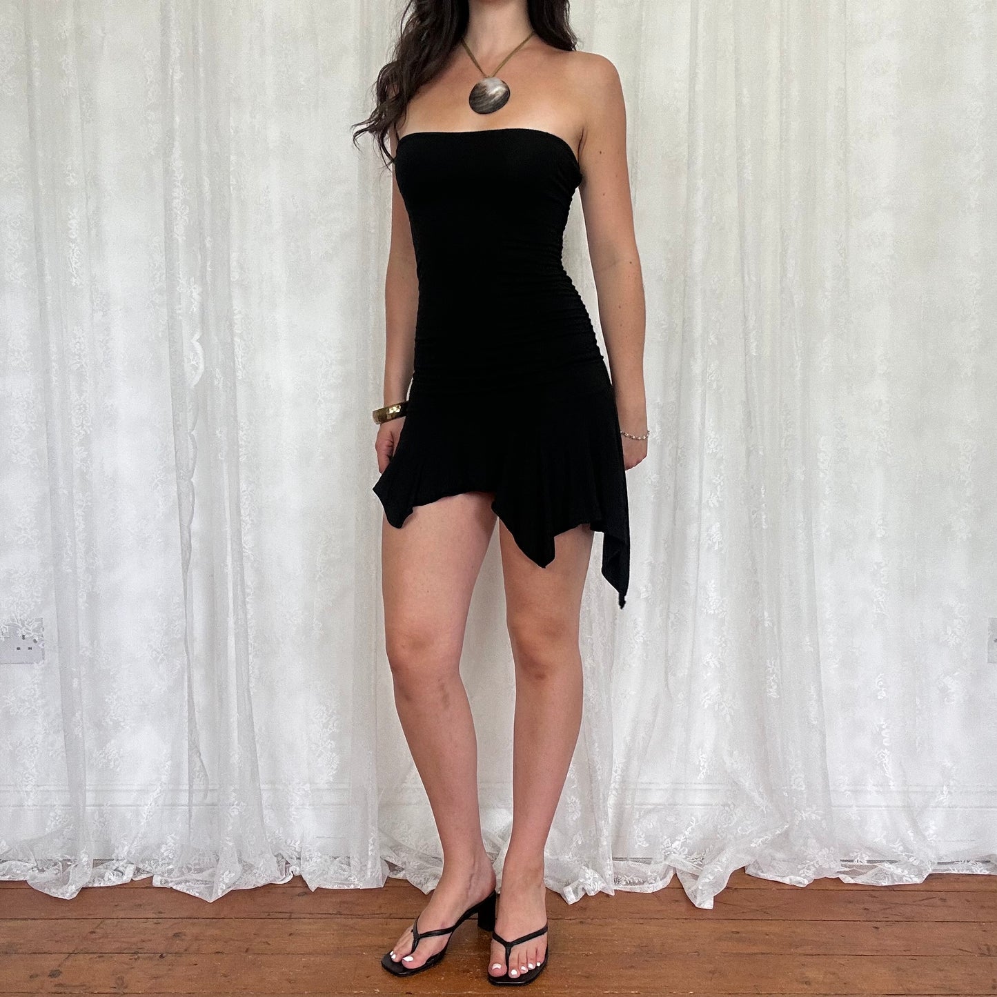vintage 00s black strapless hanky hem mini dress
