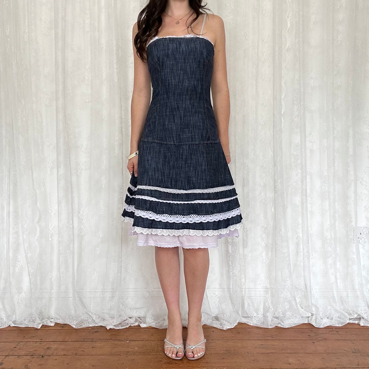 vintage 00s denim midi dress with broderie trim