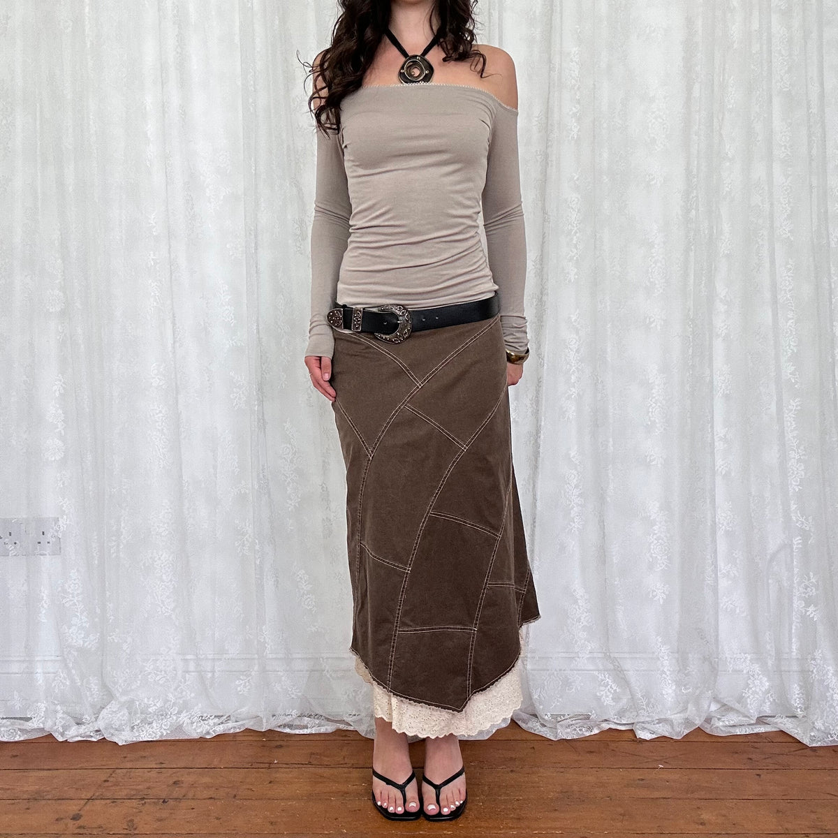 vintage 00s brown long sleeve off shoulder top