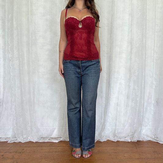 vintage 00s red lace mesh corset cami