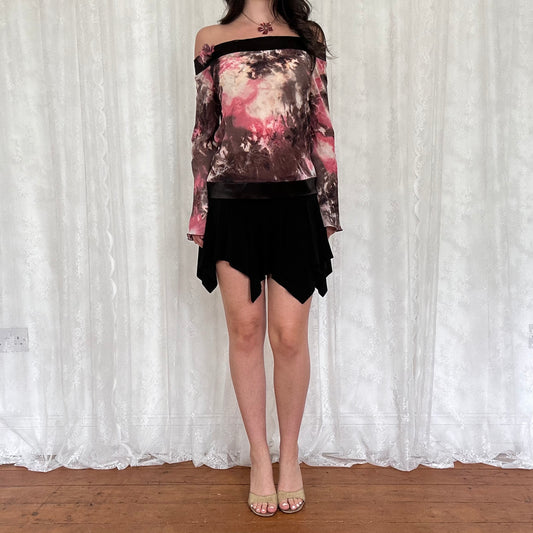 vintage 00s patterned flared sleeve off shoulder top