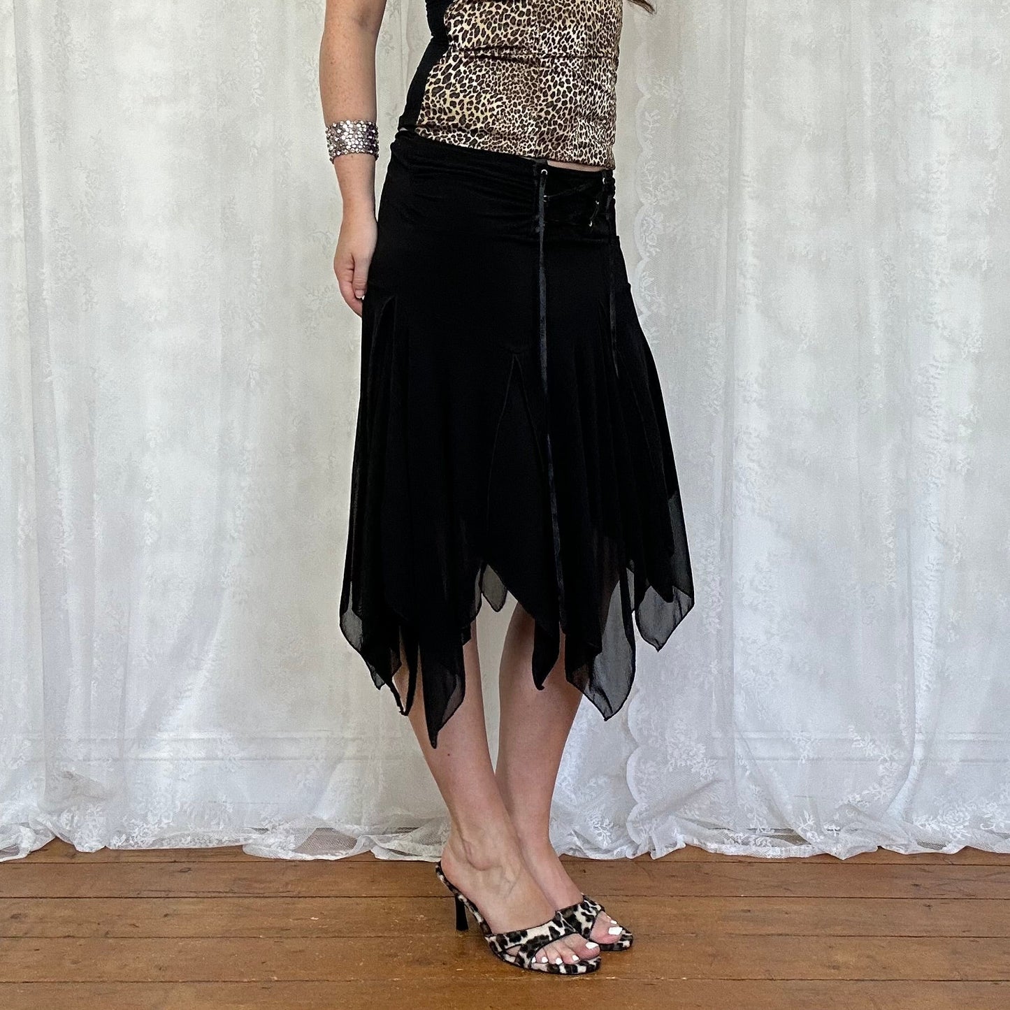 vintage 00s black hanky hem midi skirt