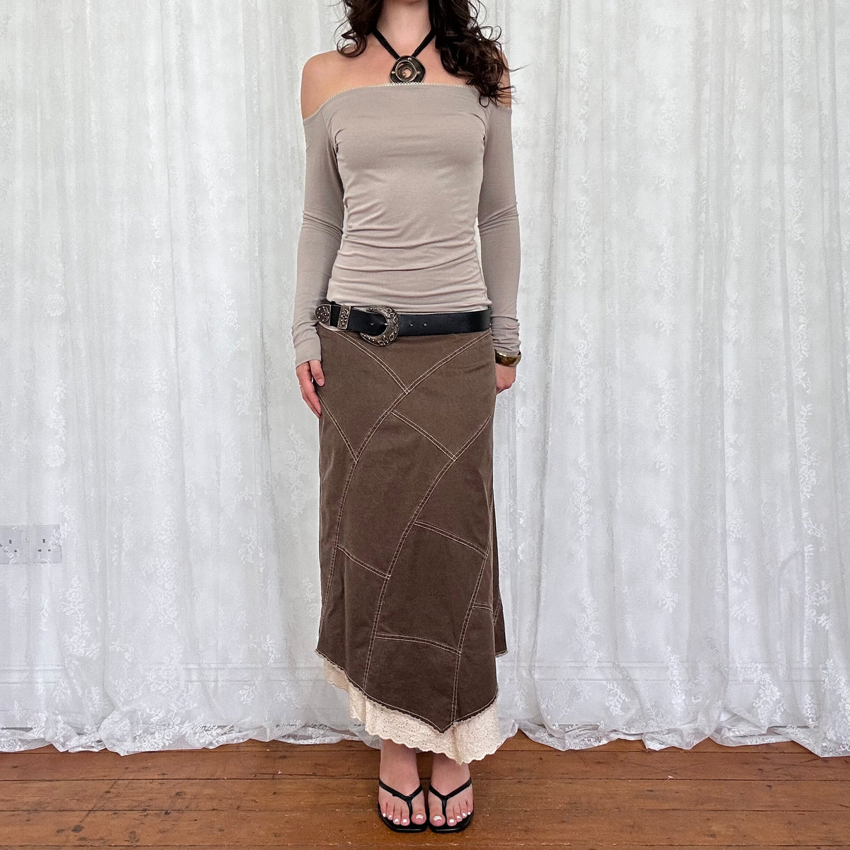 vintage 00s brown patchwork maxi skirt