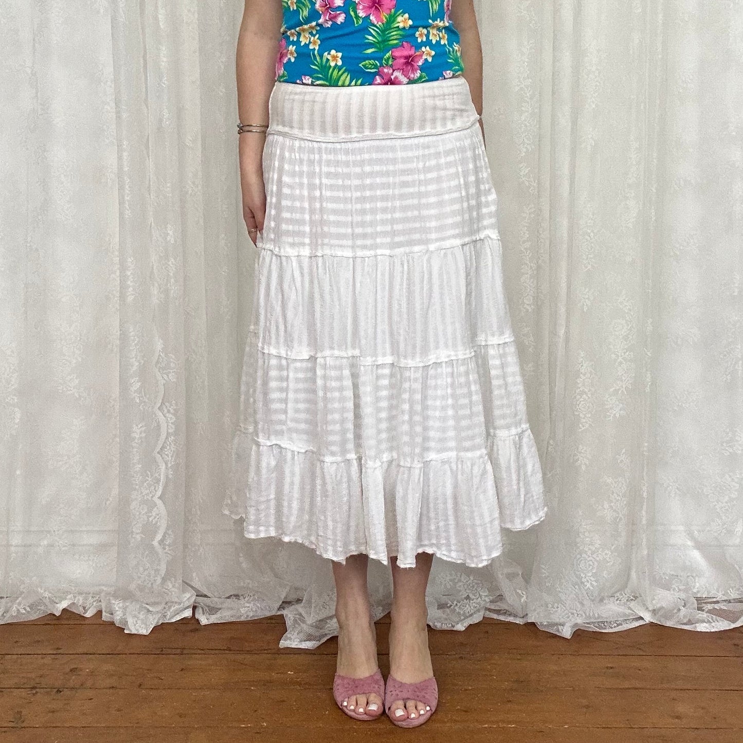vintage 00s white striped tiered midi skirt
