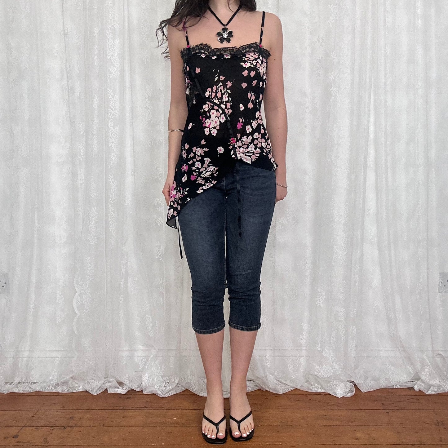 vintage 00s black floral asymmetrical cami