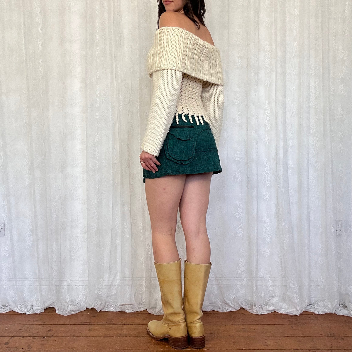 vintage 00s cream chunky knit off shoulder jumper