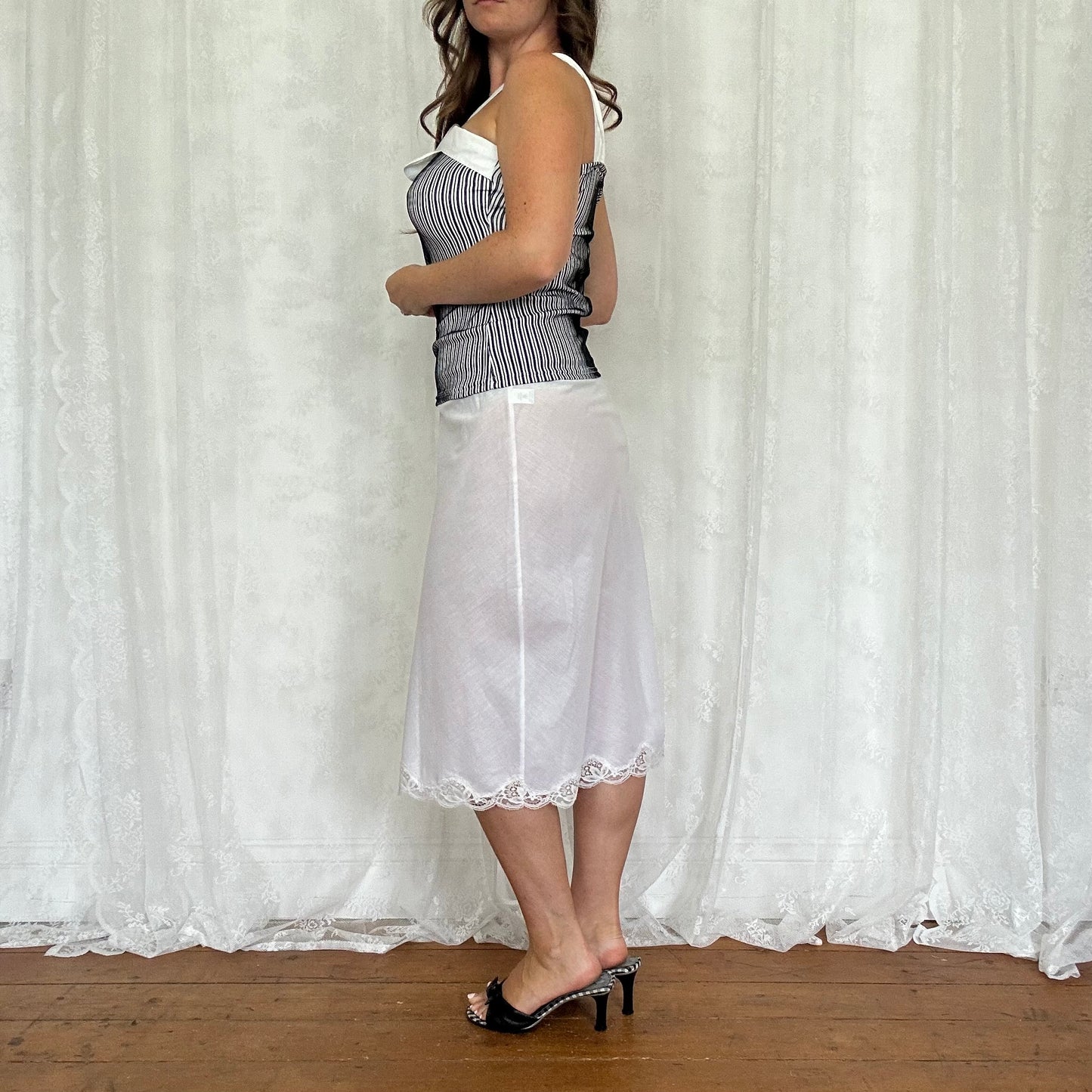 vintage 00s white lace detail slip midi skirt
