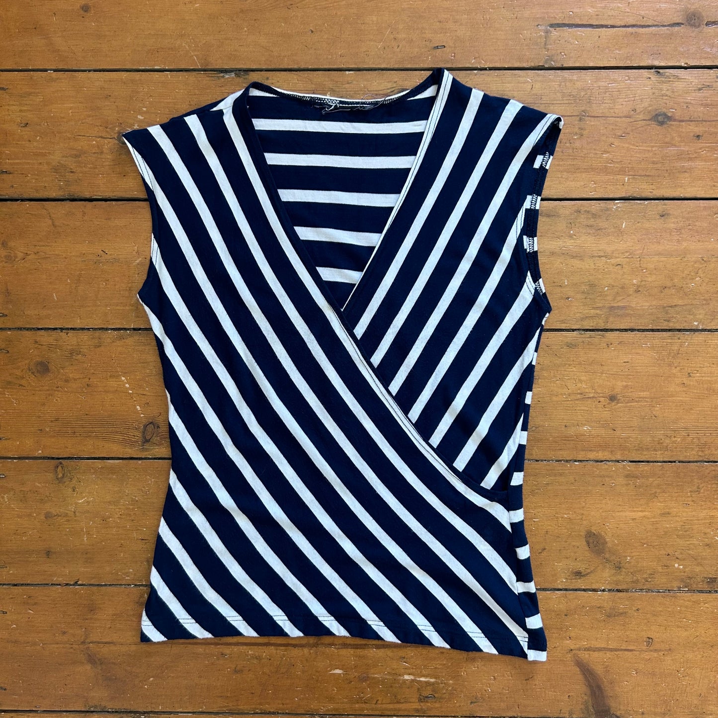vintage 00s navy and white striped crossover top