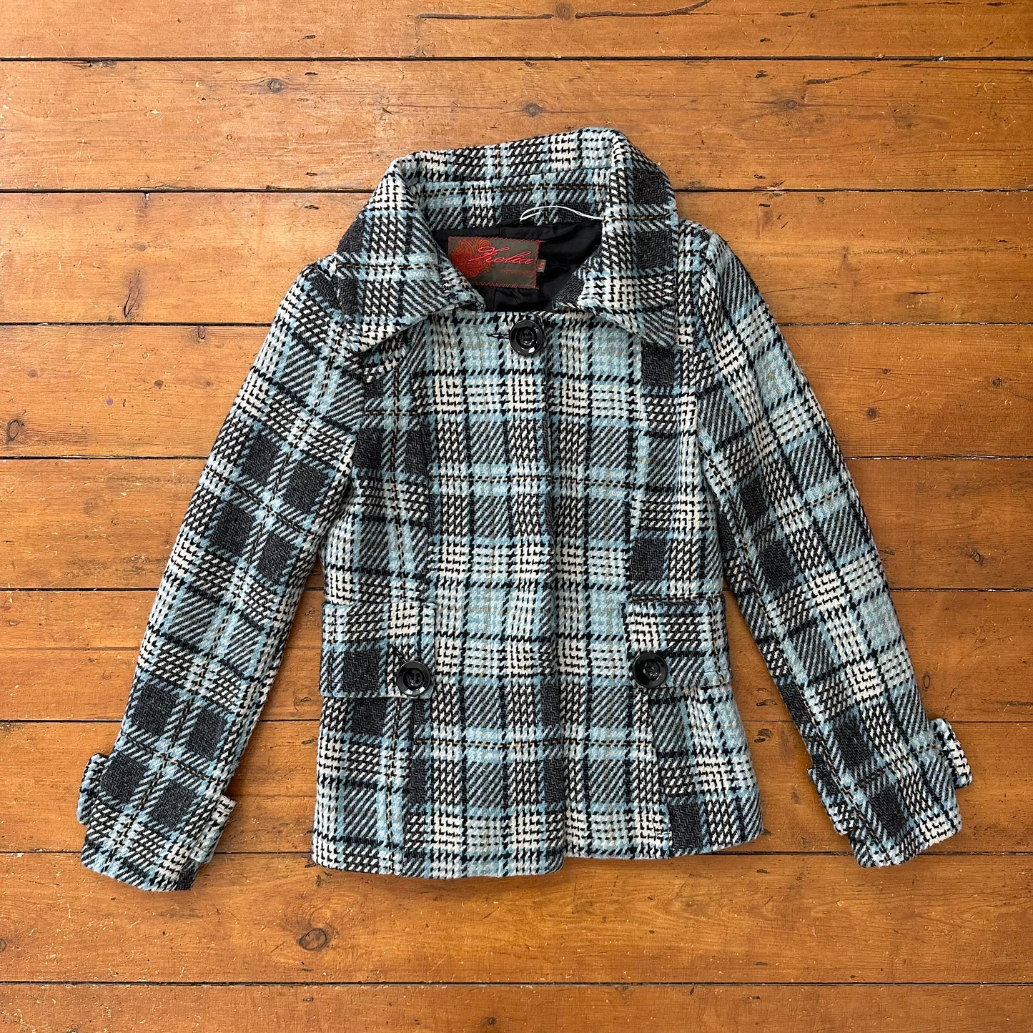 vintage 00s blue checkered button up peacoat