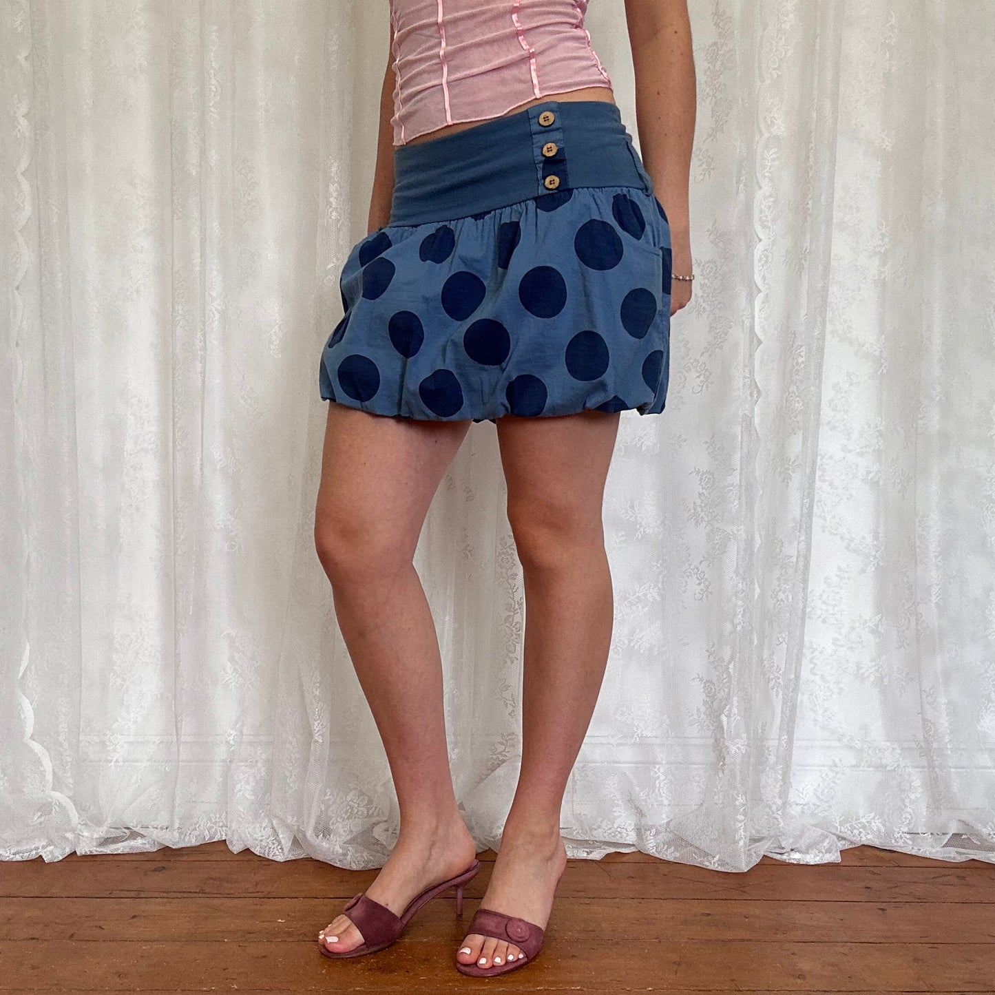 vintage 00s blue polka dot puffball skirt