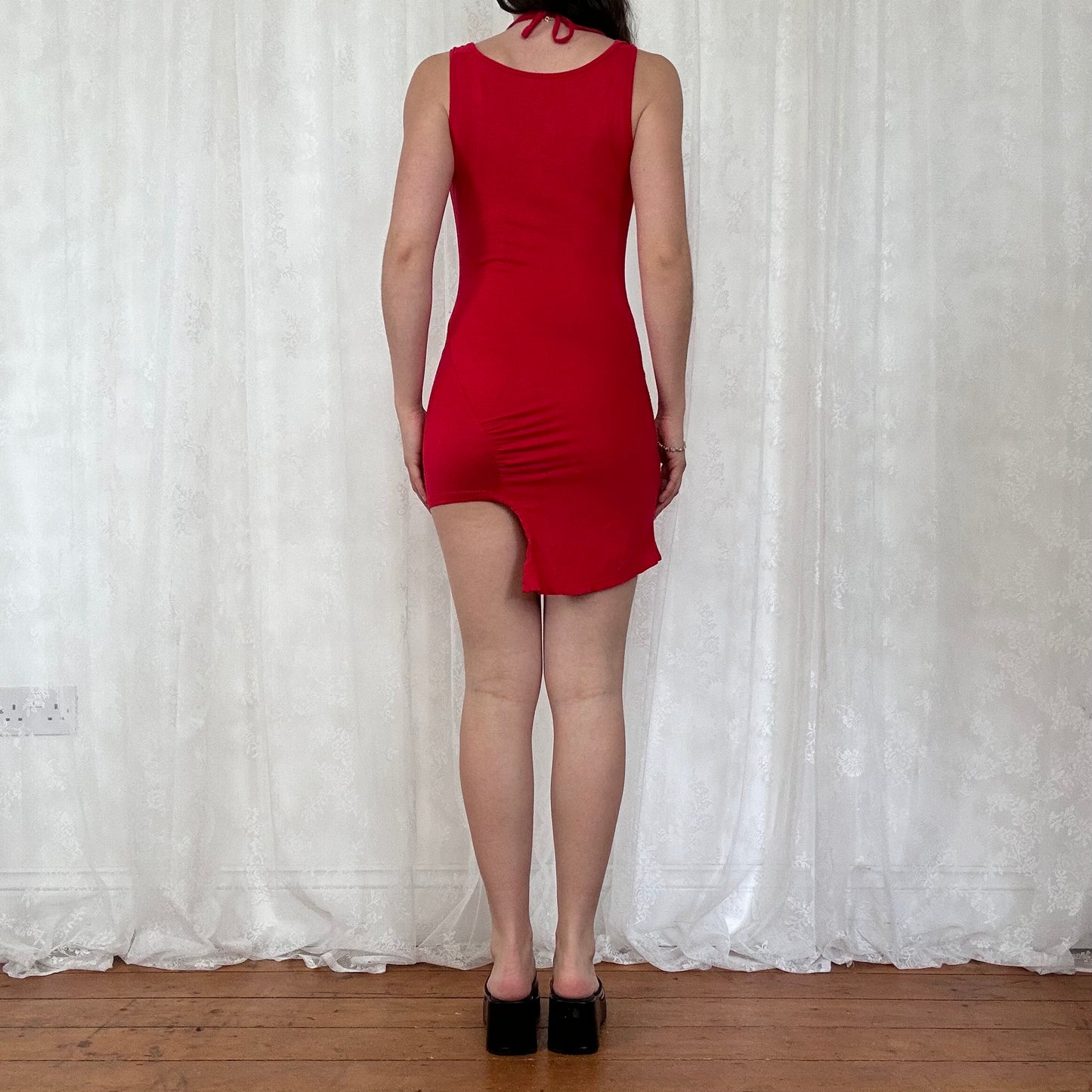 vintage 00s red o ring halterneck mini dress