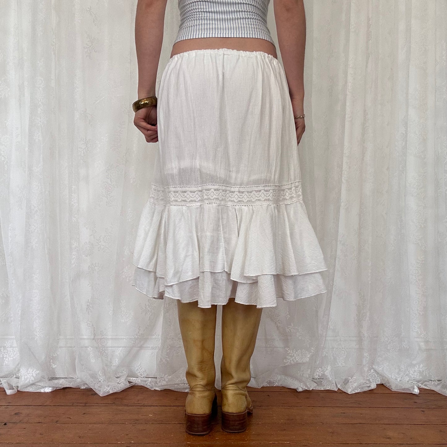 vintage 00s white ruffle hem asymmetrical midi skirt