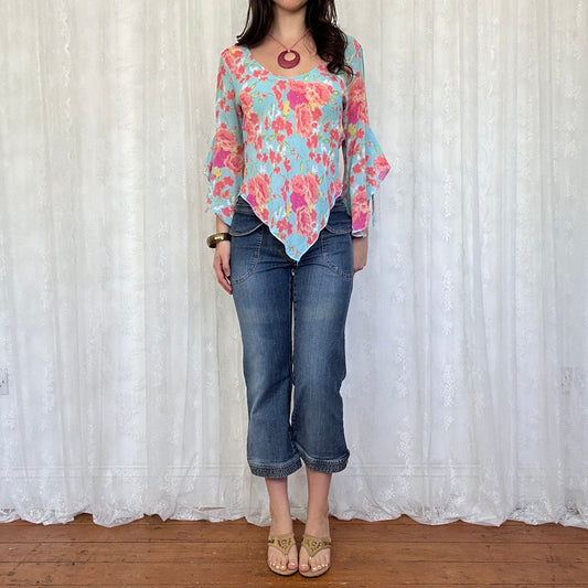 vintage 00s blue floral top with floaty sleeves