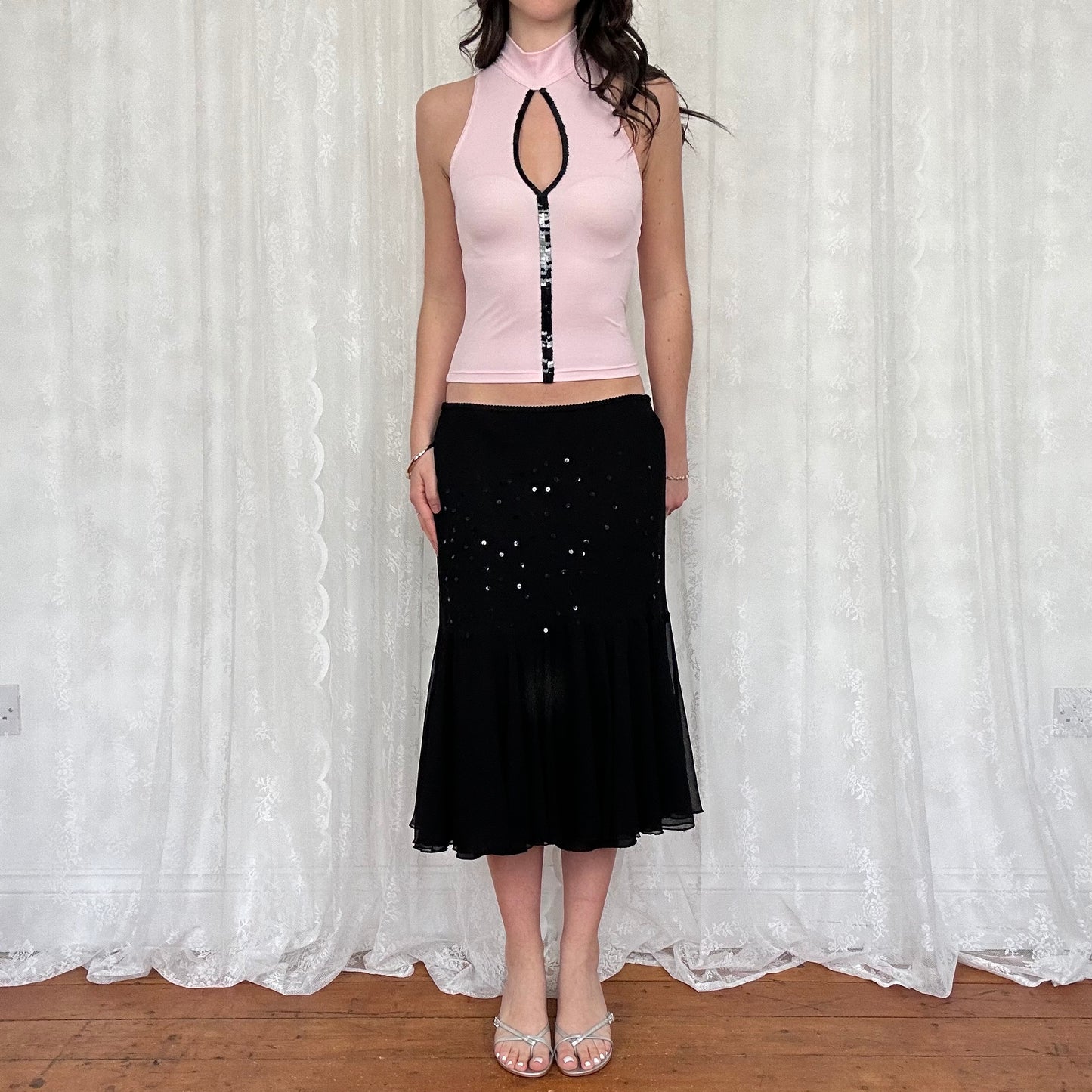 vintage 00s black mesh sequin midi skirt