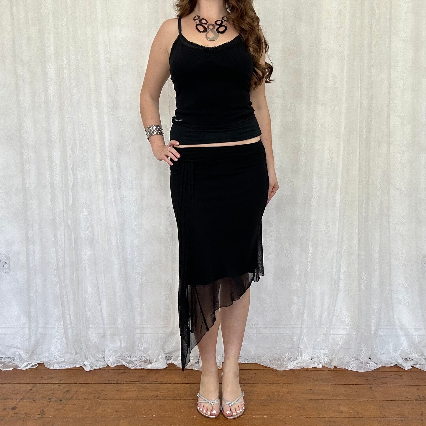vintage 00s black pointelle sequin trim cami