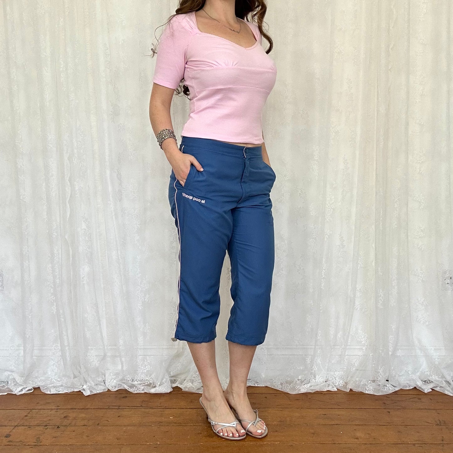 vintage 00s blue and pink sporty capri pants