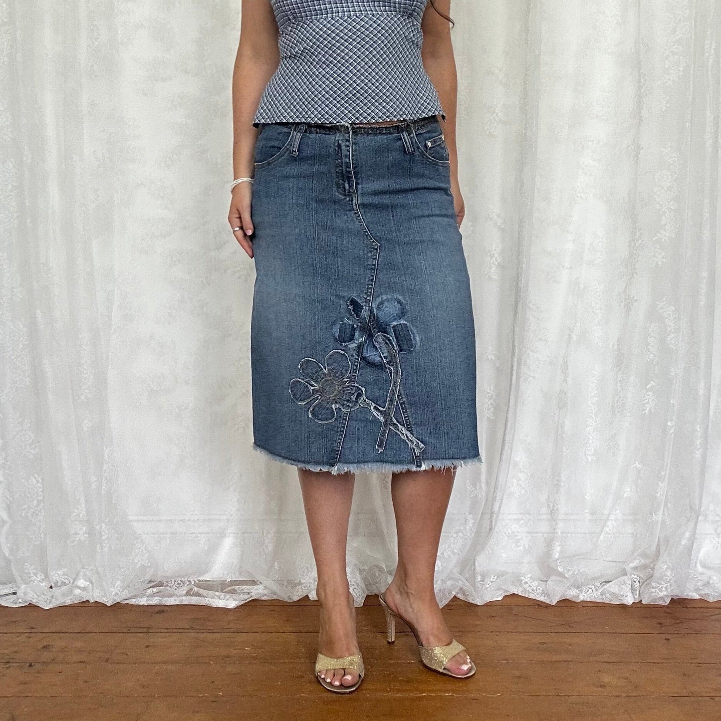 vintage 00s denim floral midi skirt