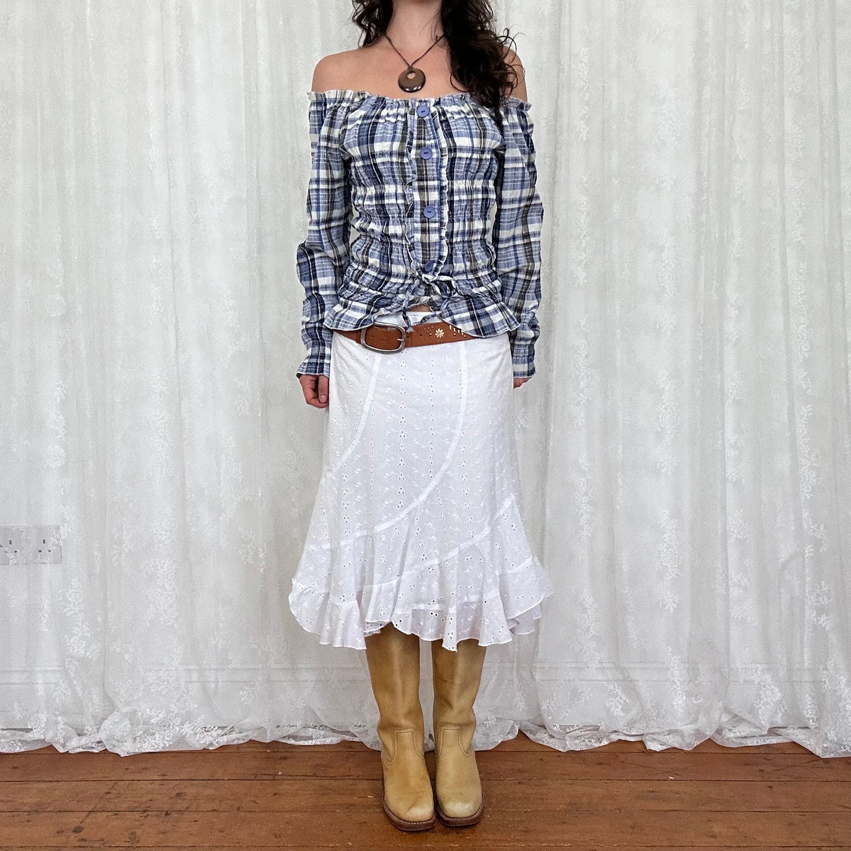 vintage 00s navy gingham milkmaid long sleeve top