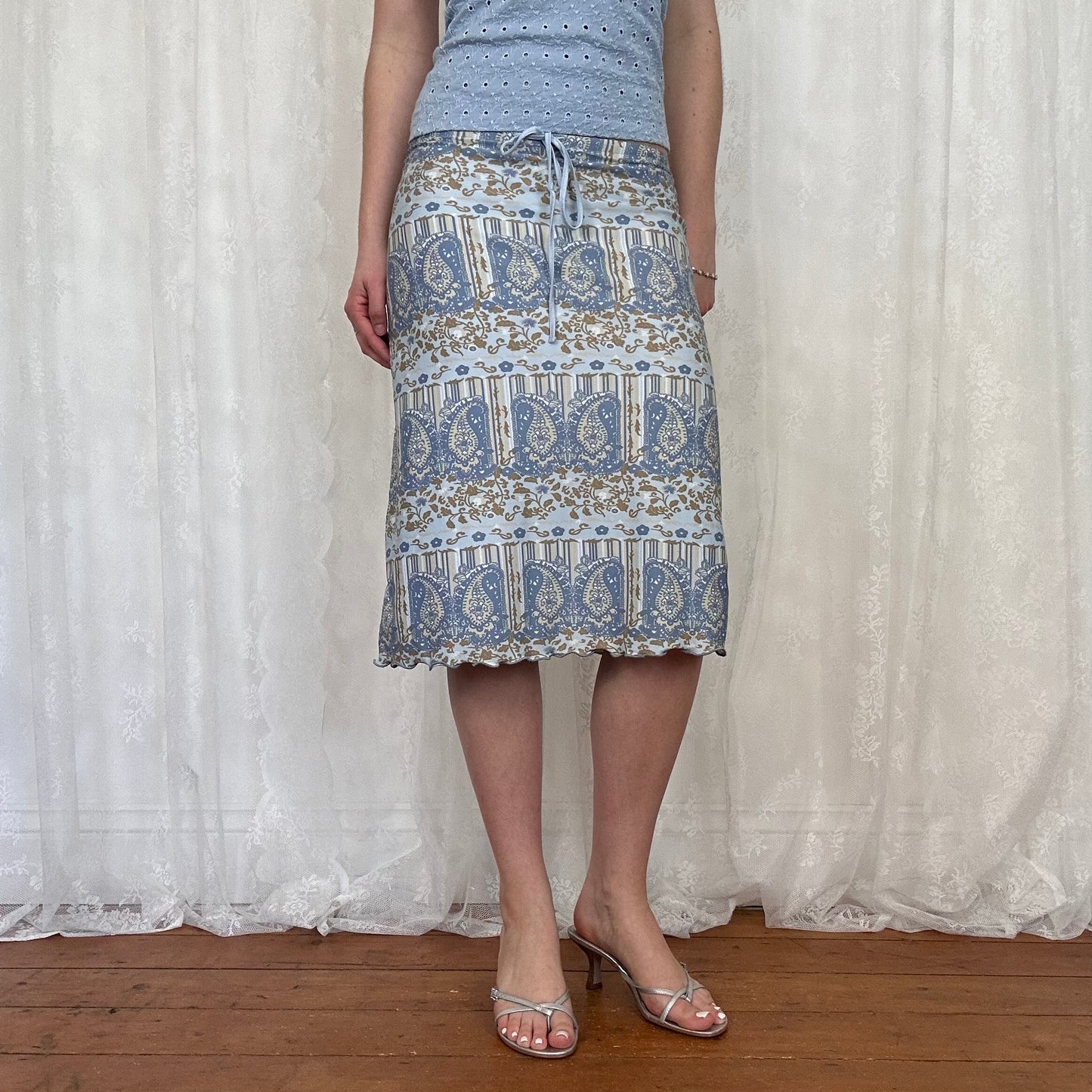 vintage 00s blue and brown paisley midi skirt