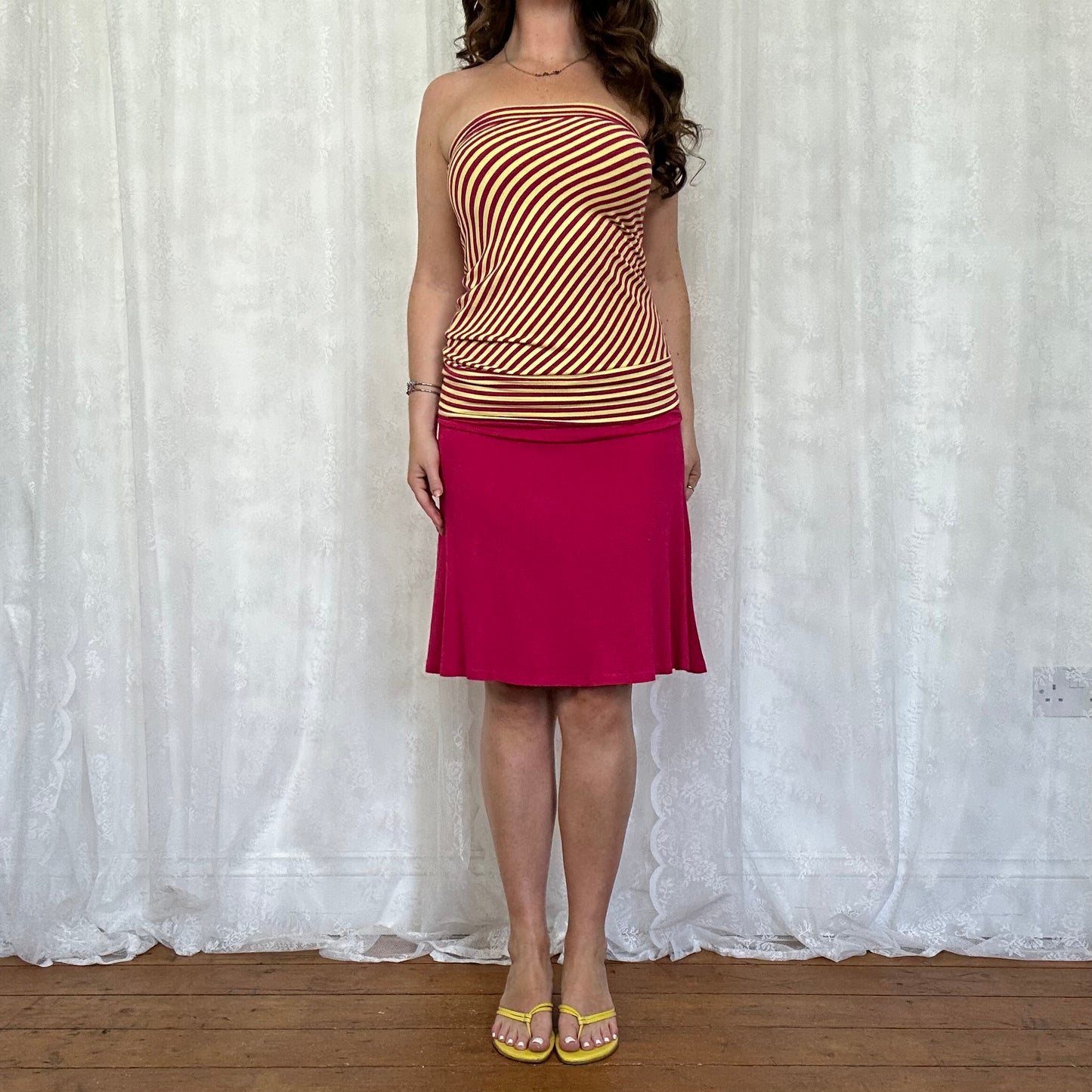vintage 00s yellow and pink striped strapless top