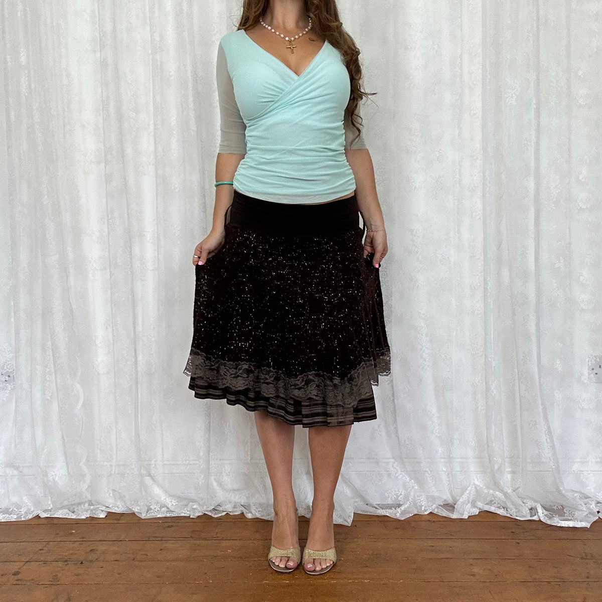vintage 00s brown knitted lace fairy midi skirt