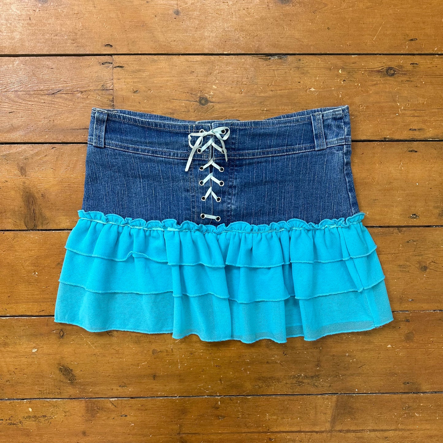 vintage 00s blue mesh ruffle denim mini skirt