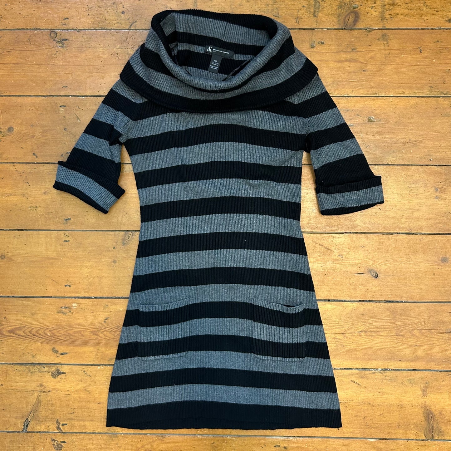 vintage 00s black and grey knitted striped mini dress
