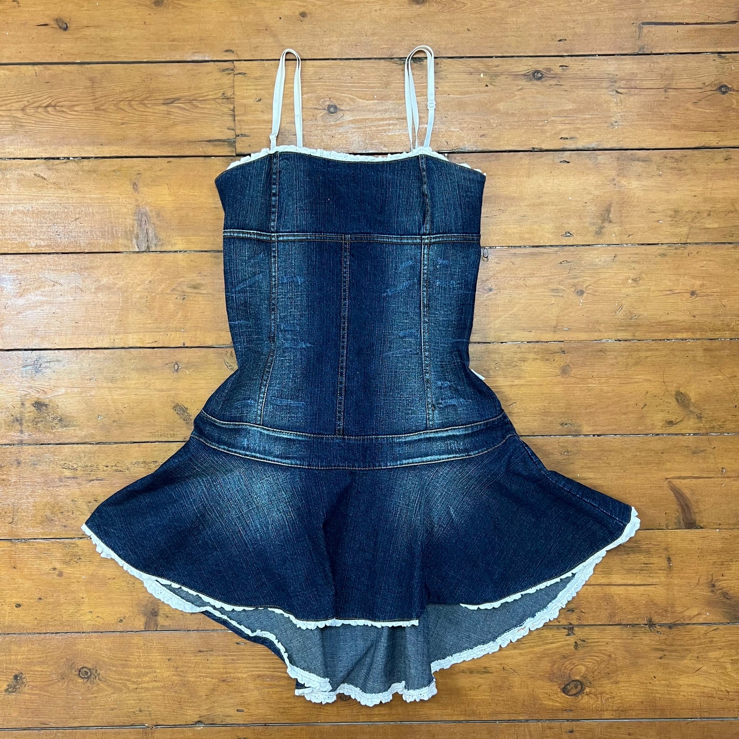 vintage 00s denim asymmetrical mini dress with lace trim