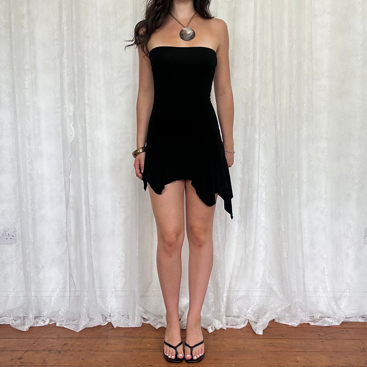 vintage 00s black strapless hanky hem mini dress