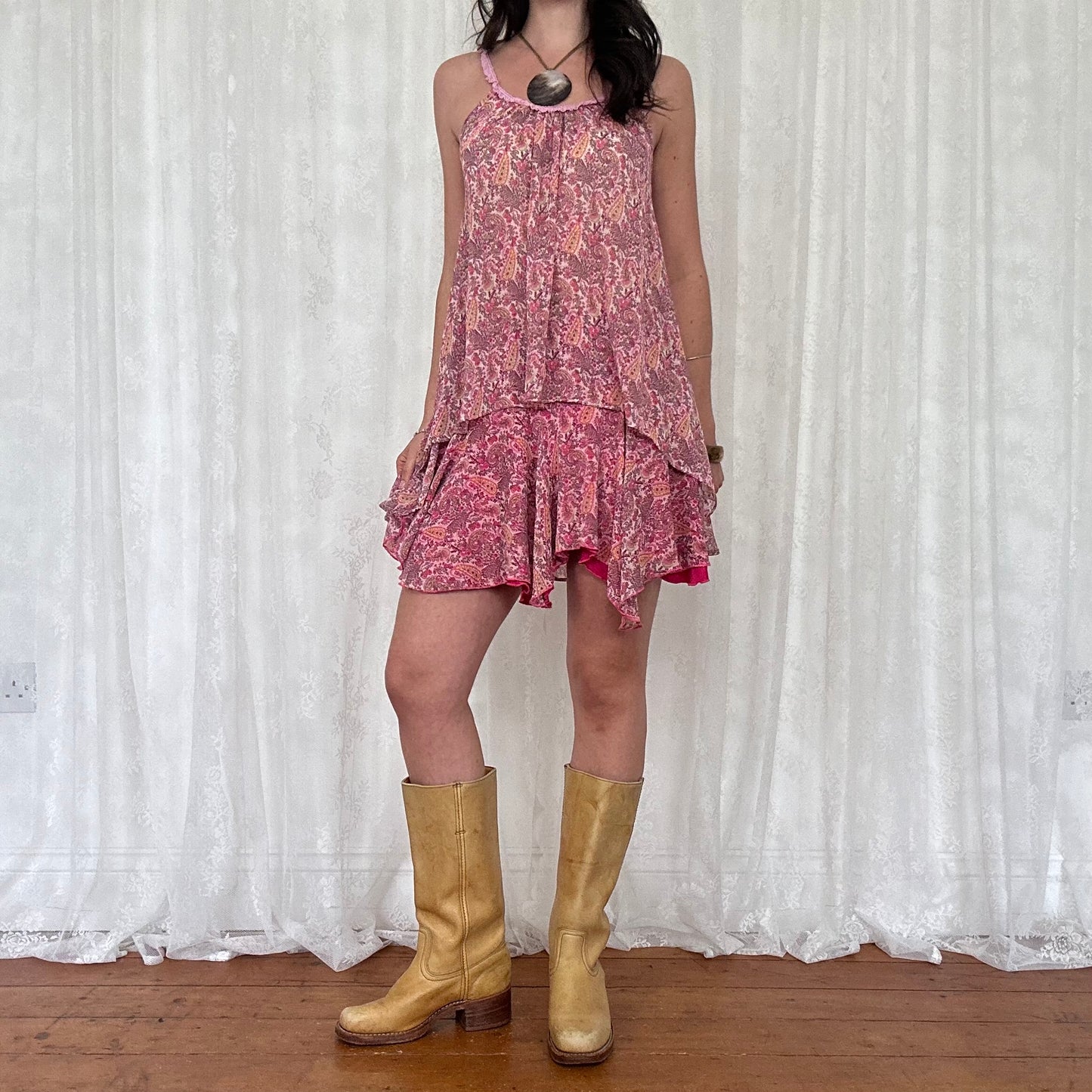 vintage 00s pink paisley floaty mesh cami and mini skirt set