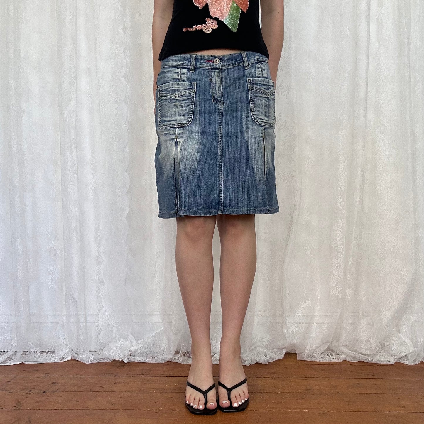 vintage 00s dual pocket washed denim midi skirt
