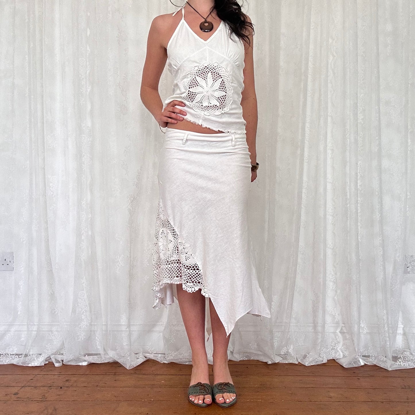 vintage 00s white crochet detail halter top and asymmetrical midi skirt co ord