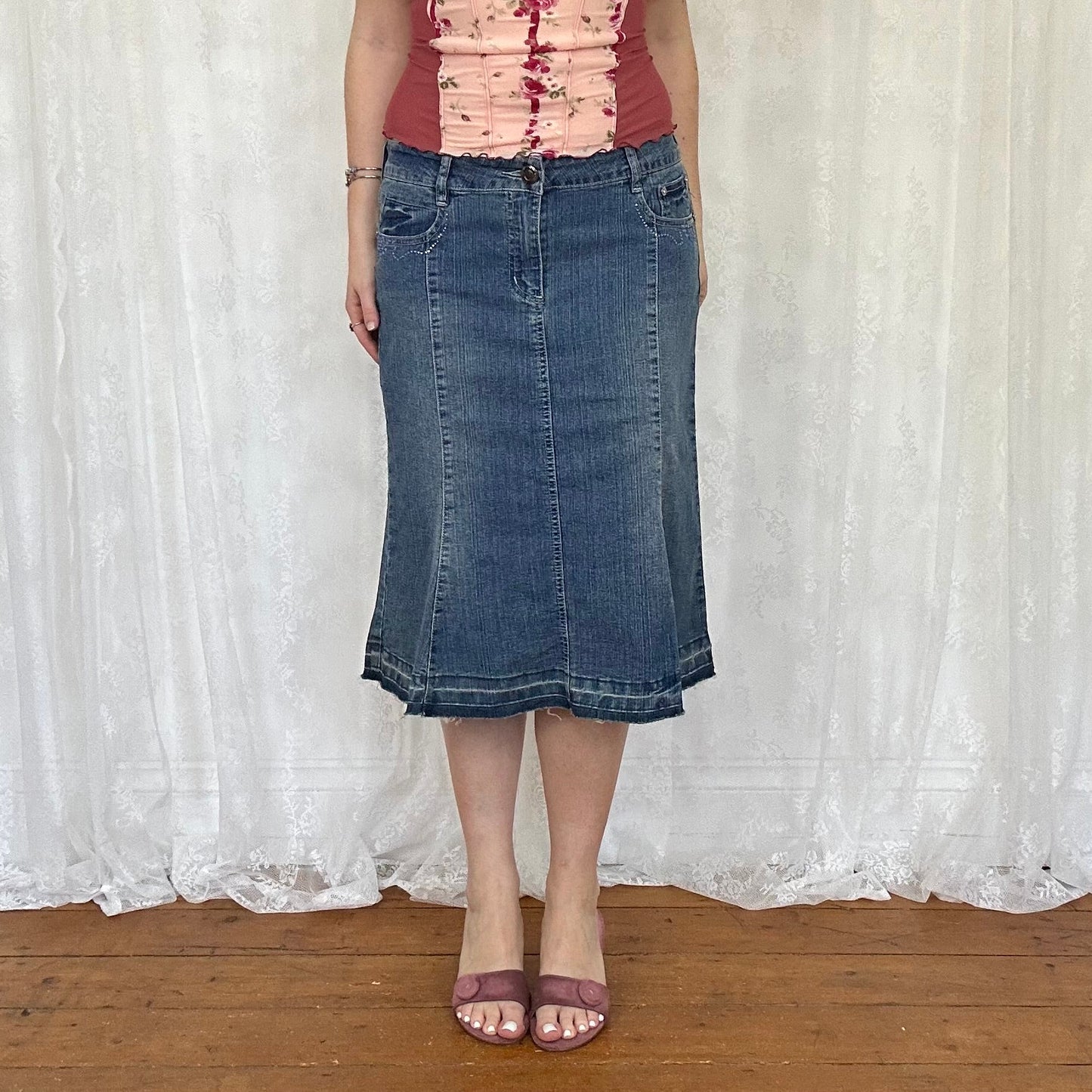 vintage 00s rhinestone detail denim midi skirt