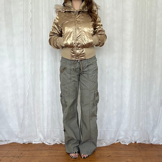 vintage 00s gold satin hooded dual zip jacket