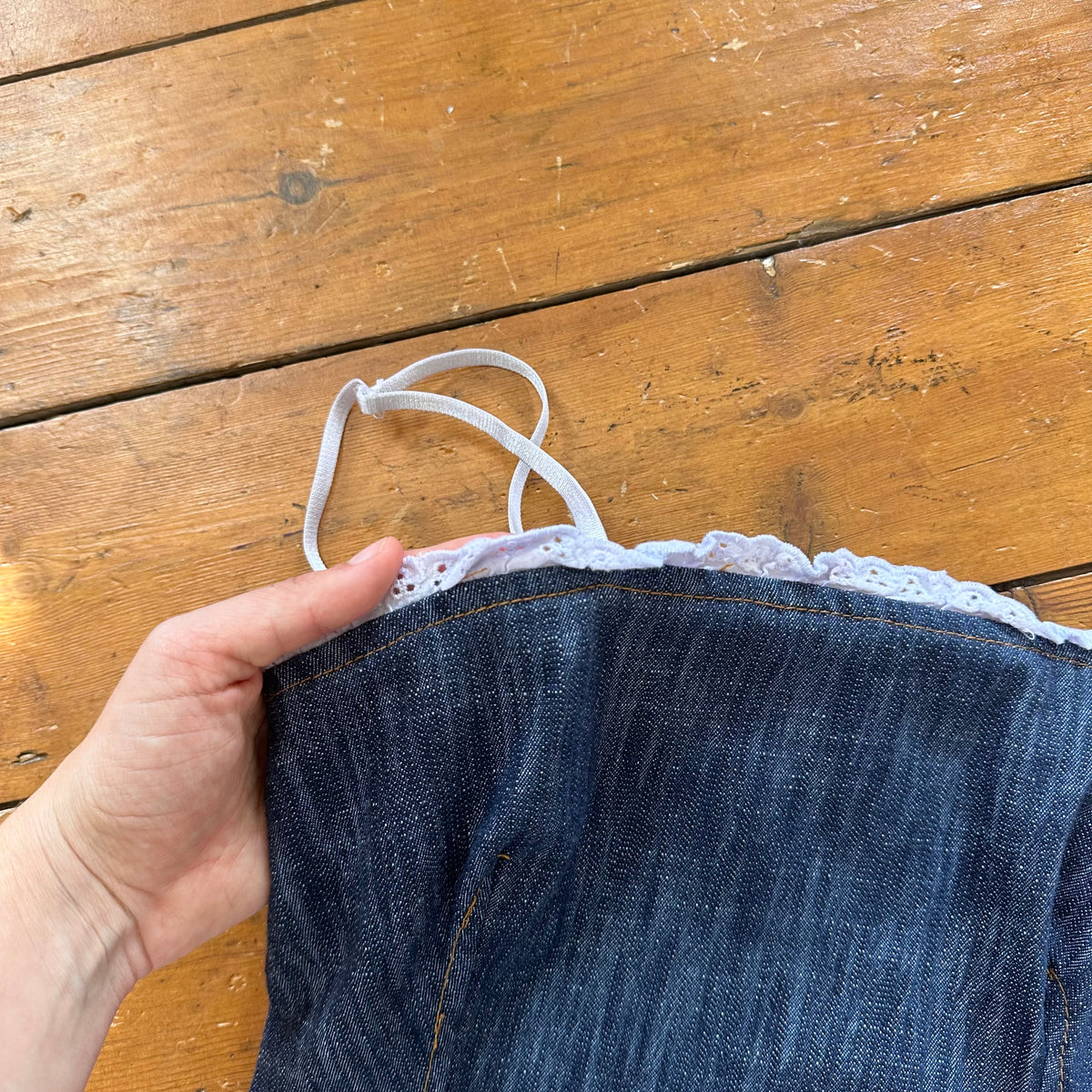 vintage 00s denim midi dress with broderie trim