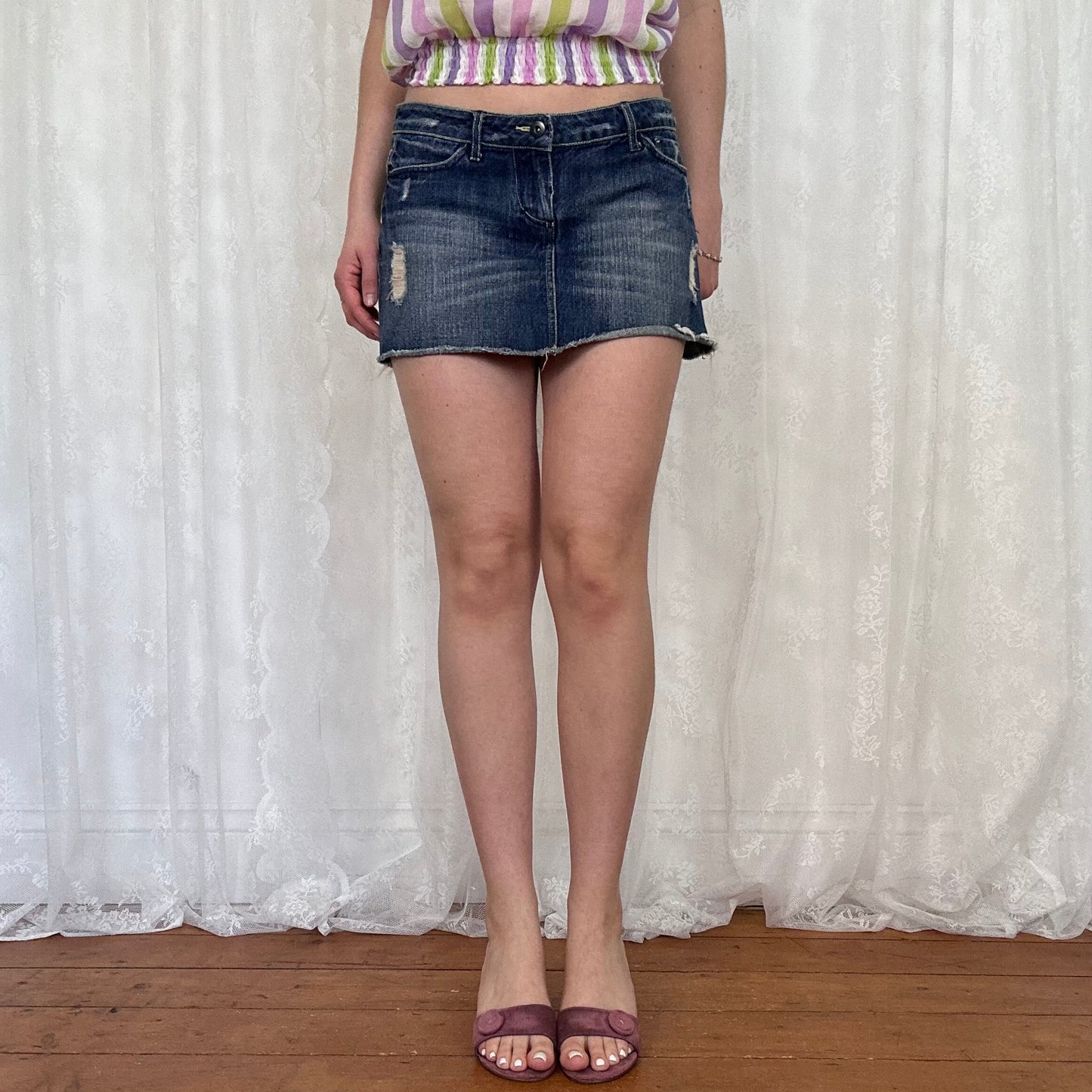 vintage 00s dark wash denim distressed mini skirt