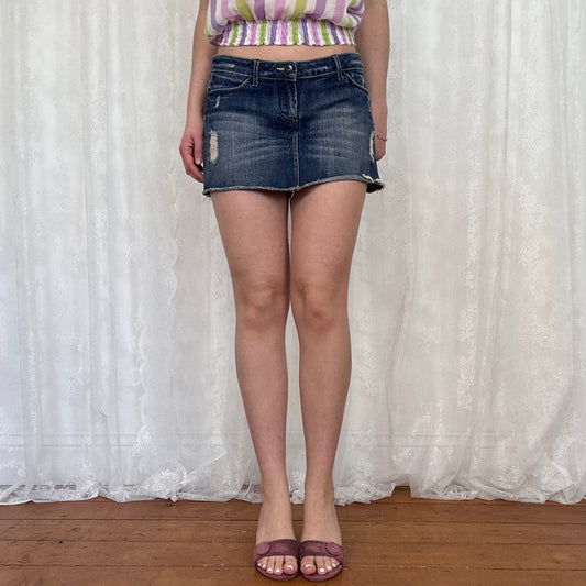vintage 00s dark wash denim distressed mini skirt