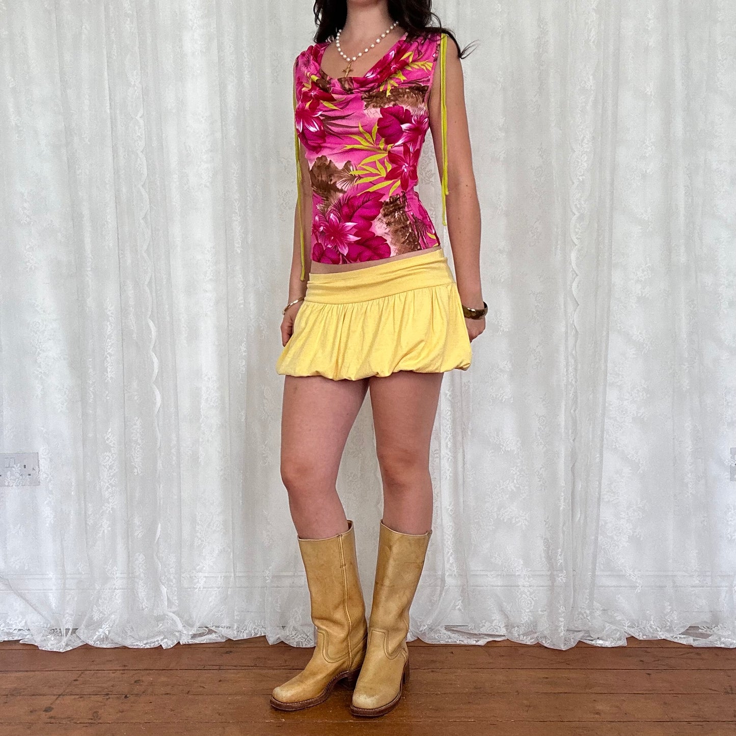 vintage 00s hot pink hibiscus cowl neck top