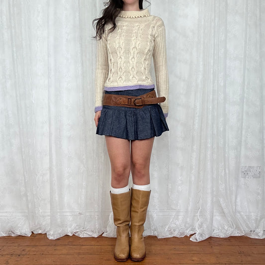 vintage 00s cream roll neck knitted jumper with lilac trim