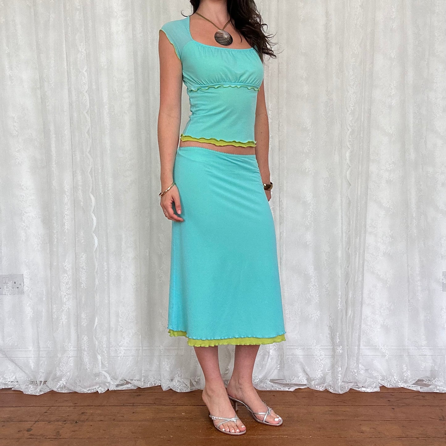 vintage 00s teal and lime green mesh milkmaid top and midi skirt co ord