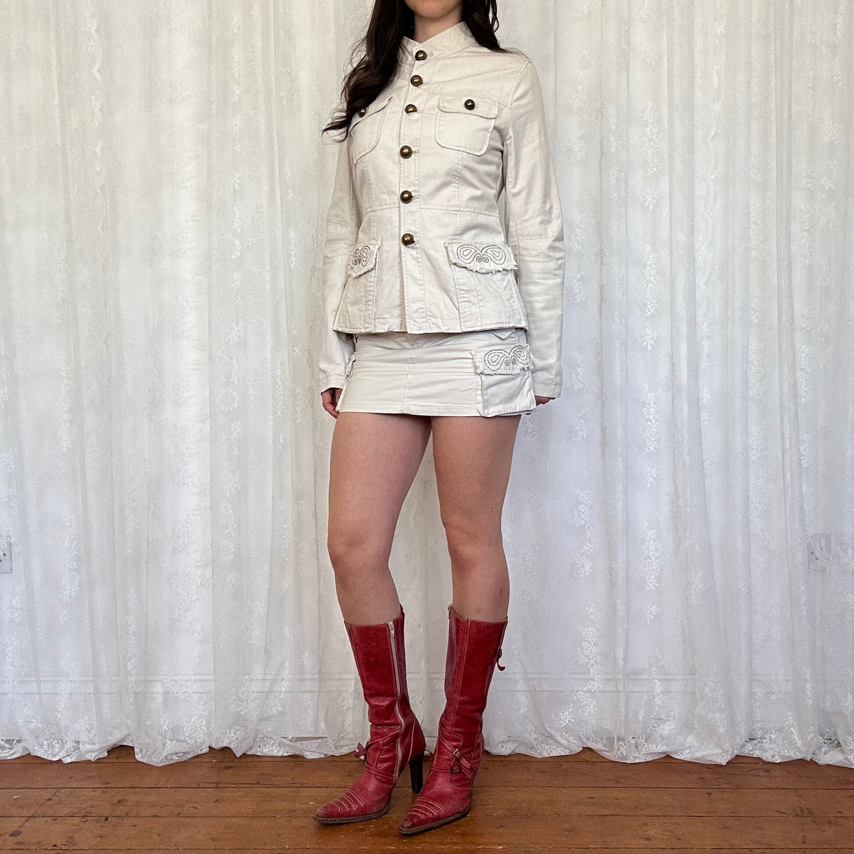 vintage 00s morgan de toi military jacket and mini skirt co ord